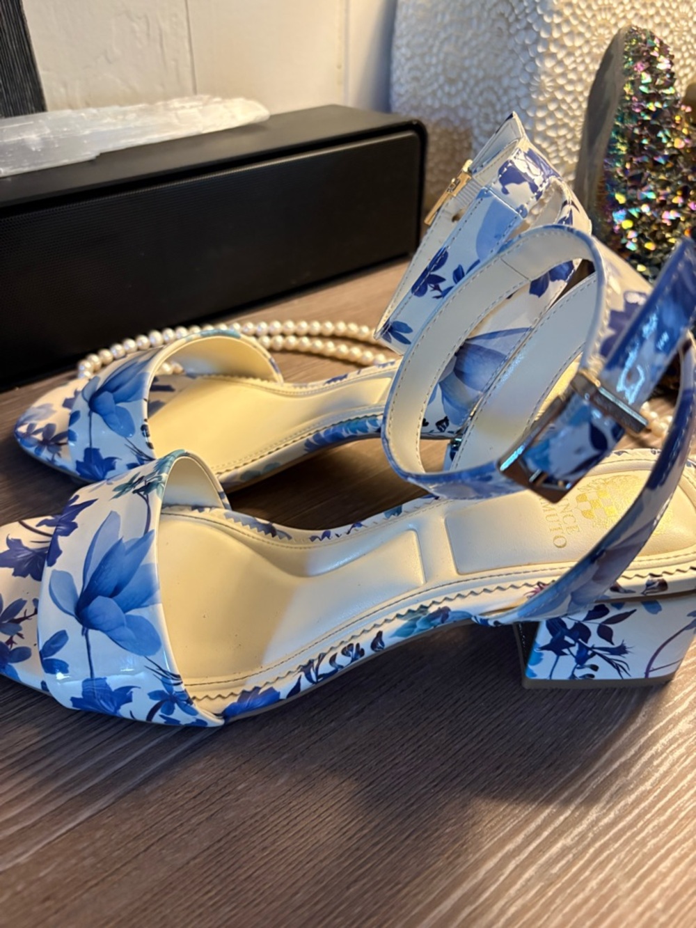 Vince Camuto Cream and Blue Floral Block Heel Sandals - Picture 5 of 5